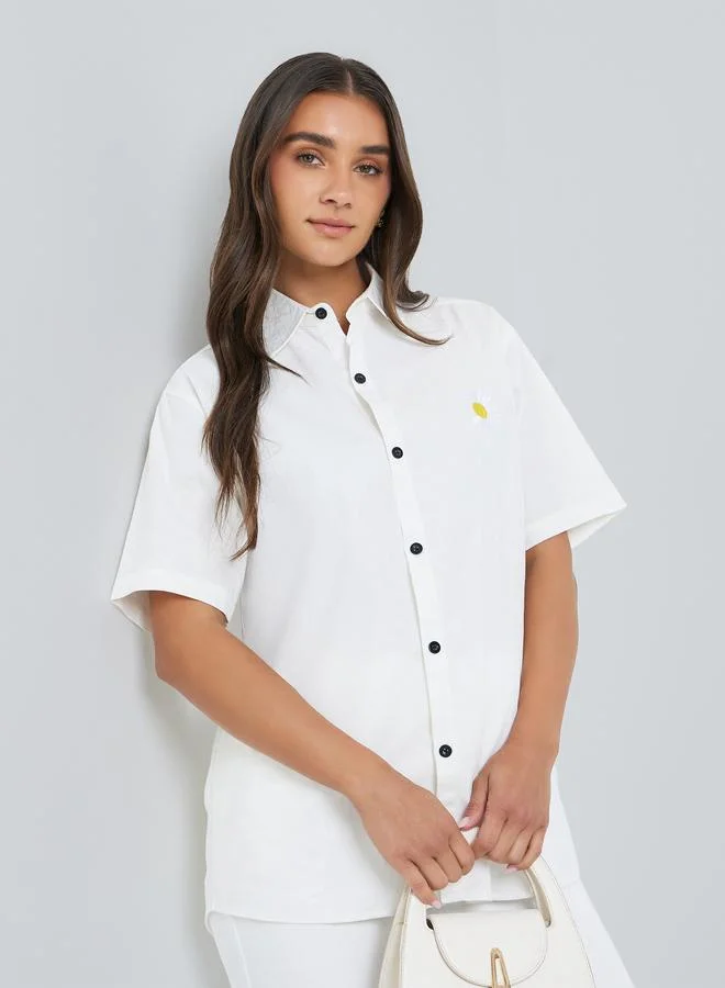 Styli Women White Daisy Embroidered Short Sleeve Shirt